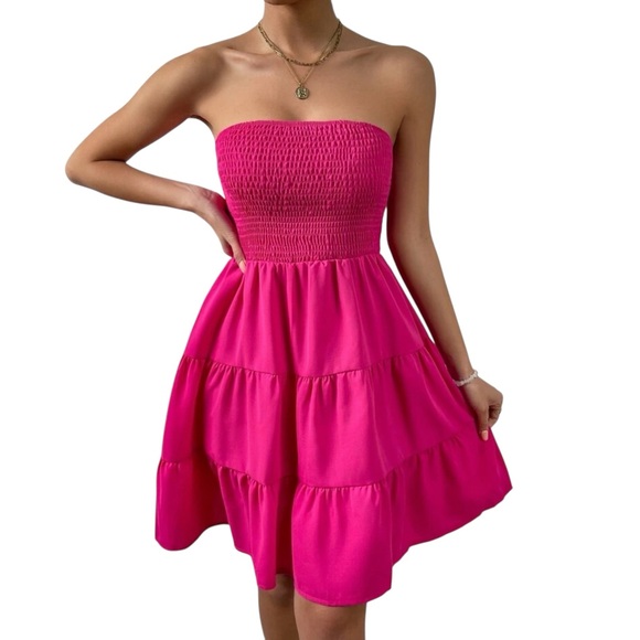 SHEIN Pink Smocked Tiered Mini Sundress Small - Picture 5 of 13